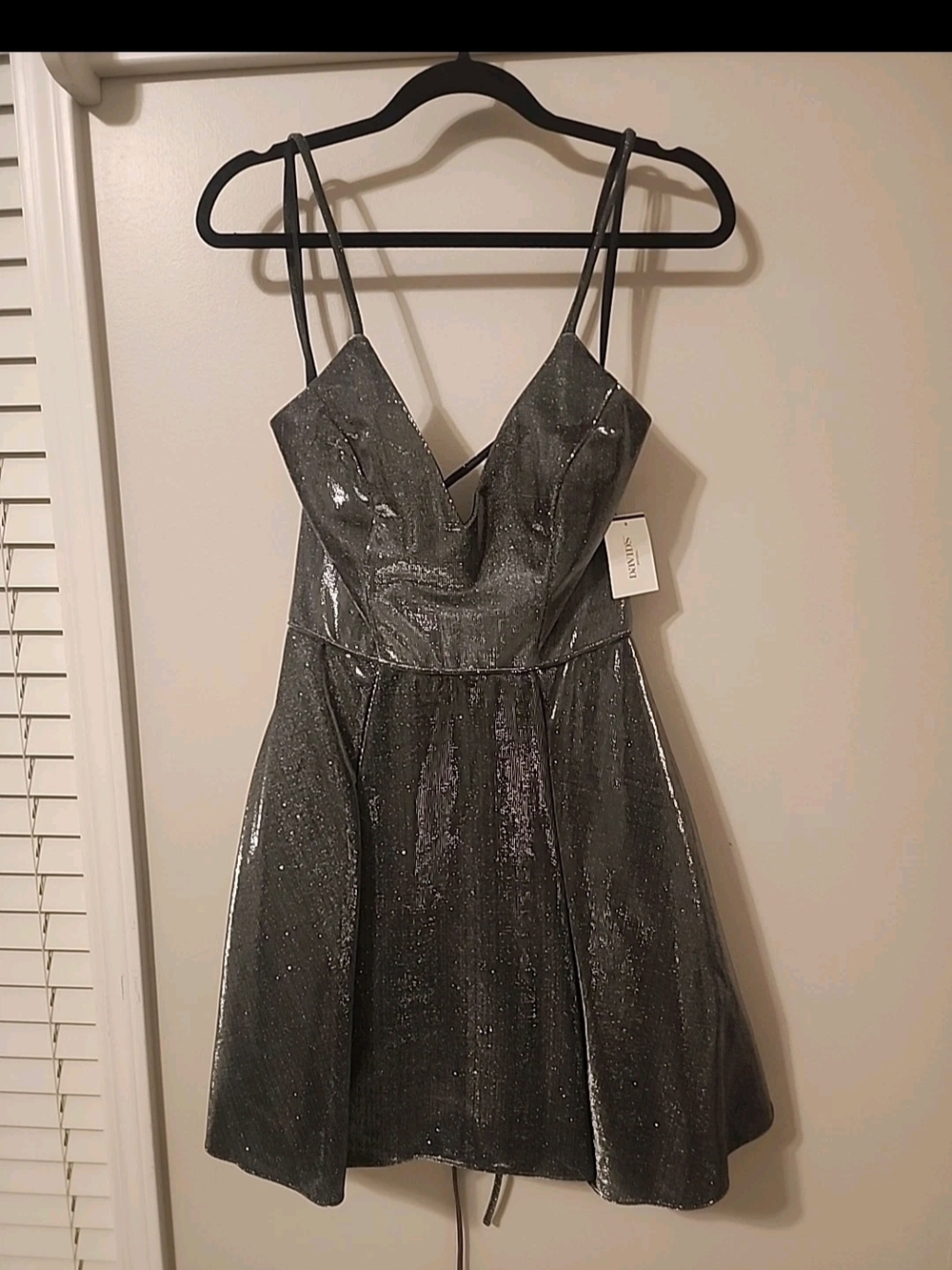 David's Bridal Metallic Silver Sparkle V-Neck Prom Dress